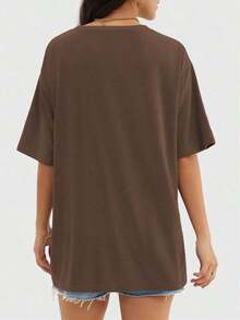Camiseta holgada para mujer de manga corta y cuello redondo, camisa casual estilo Y2K, básica para deportes de verano - Marrón - Ver 4