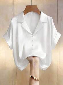 Blusa de satén color champán con escote en V y diseño de botones de perla, de manga corta, elegante para primavera/verano - Blanco - Ver 6