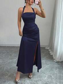 Vestido camisero elegante de color champagne, con tela de satén elástica y abertura lateral de largo maxi - Azul marino - Ver 7