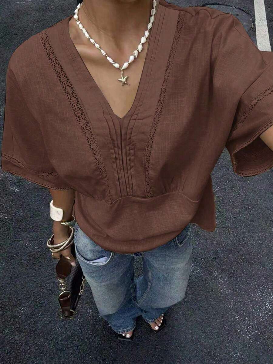 Camisa de mezcla de lino con encaje a rayas para mujer - Café integral - Ver 1