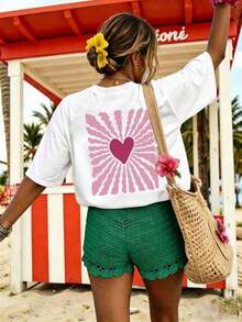 1 Piece Of Short-Sleeved T-Shirt With A Round Neck And Heart And Stripe Print. This Women's Short-Sleeved T-Shirt Features A Casual And Minimalist Style With A Round Neck, A Cute Design, And A Relaxed Fit, Making It Ideal For Everyday Wear And Vacations. Summer. 100% Cotton. - 白色 - 查看 3