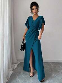 Vestido elegante y romántico para mujer con cuello en V, mangas con volantes, ajuste en la cintura y bajo de cola de sirena - Agua verde azul - Ver 3