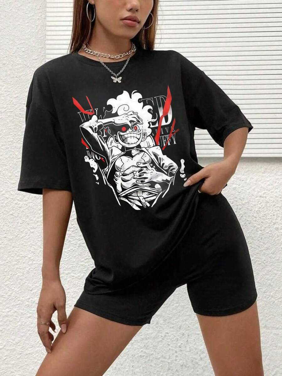 1 Piece 180g Women's Cotton Shirt, Oversized Short Sleeve Round Neck With Print For Daily And Street Wear, Designed By Y2K Artists In The Bababask Style - 黑色5 - 查看 1