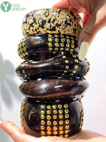 1 pieza Brazalete de estilo barroco vintage con incrustaciones de diamante de imitación exagerado, brazalete de textura de madera abierto con decoración de remaches de estrella de varios elementos - Multicolor D - Ver 2
