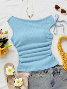 Blusa de punto con textura de burbujas de color albaricoque, cuello asimétrico con lazo en la cintura, ajuste ceñido, adecuada para fiesta, cita, paseo por la ciudad, viaje por carretera, playa de verano - Azul - Ver 8