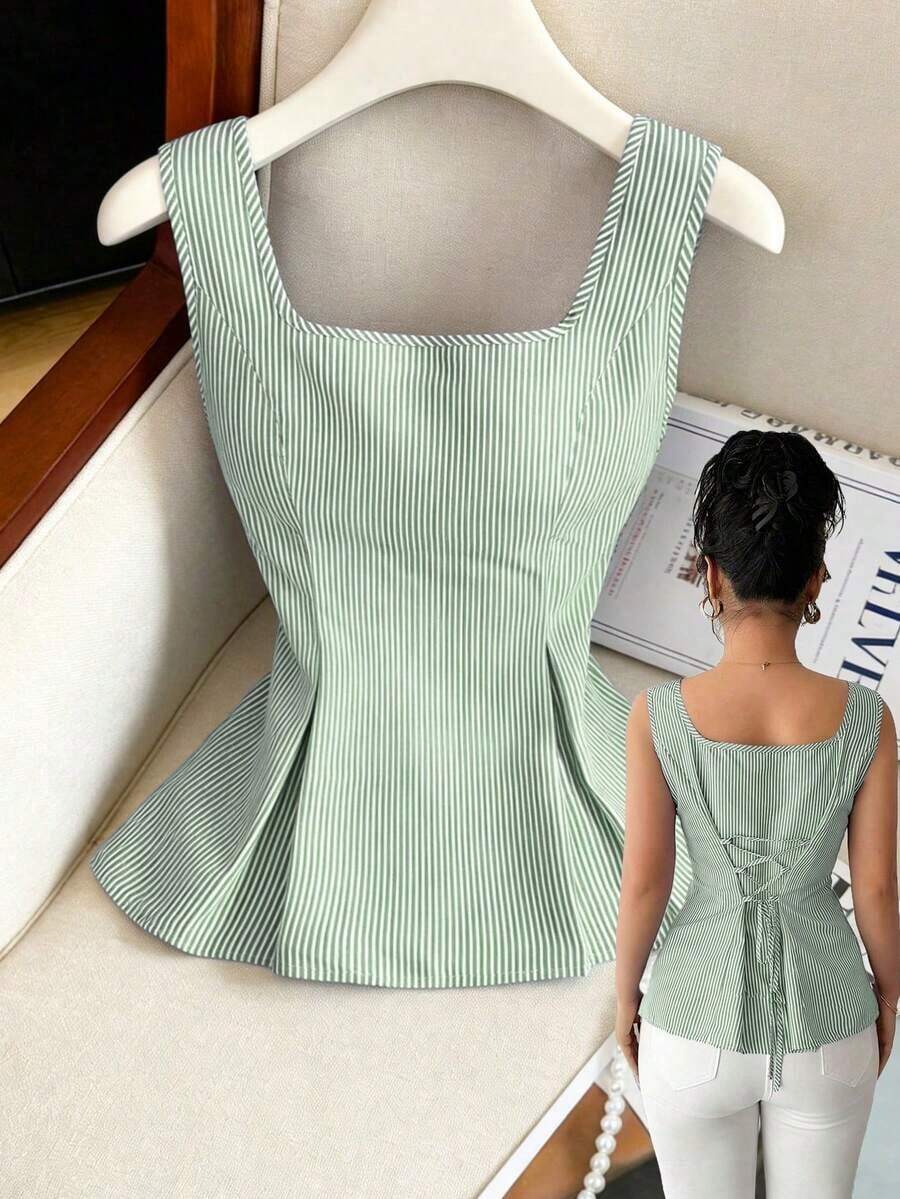 Camisa sin mangas elegante con cuello cuadrado, cintura atada y rayas para el verano 2025 - Verde - Ver 1