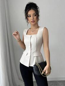Blusa elegante de mujer con cuello cuadrado sin mangas, decoración con bolsillo falso, camisa ajustada de oficina, primavera/verano - Albaricoque - Ver 5