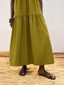 Vestido casual de vacaciones con diseño de volantes escalonados en verde jade, vestido cómodo con cuello redondo, división horizontal, parches y fruncidos, atuendo bohemio de playa, elegante vestido de estilo occidental para vacaciones de muje - Verde - Ver 7