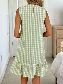 Vestido de verano estilo bohemio con cuello redondo sin mangas y corte evasé a dos colores a cuadros, vestido esencial para vacaciones y uso diario al aire libre - Multicolor 3 - Ver 3