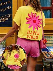 DrmWander Camiseta de mujer, camiseta gráfica de manga corta de estilo casual de calle, top de verano lindo - Amarillo - Ver 4