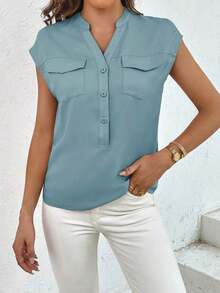 Camisa casual de mujer de unicolor con cuello en V, abotonadura sencilla y bolsillo - Niebla azul - Ver 6