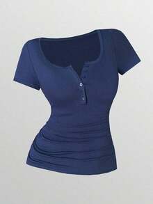 3 piezas Camisetas de manga corta casuales y versátiles de unicolor con pliegues para mujer - Multicolor 10 - Ver 5