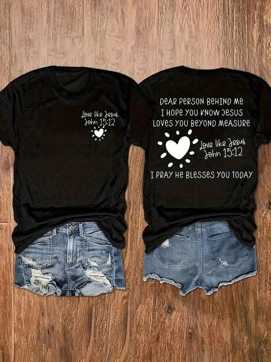 Round Neck T-Shirt With Writing And Letter Print, Women's Casual Short Sleeve Top, Women's Clothing - Breathable And Skin Friendly - 黑色 - 查看 1