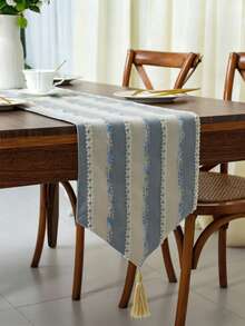 Coastal Light Blue & White Striped Table Runner With Tassel, Boho Farmhouse Textured Woven Dining Table Runner, Decorative Neutral Table Runner For Kitchen Living Room Wedding Party Indoor Outdoor Home Decor - Multicolor - View 15