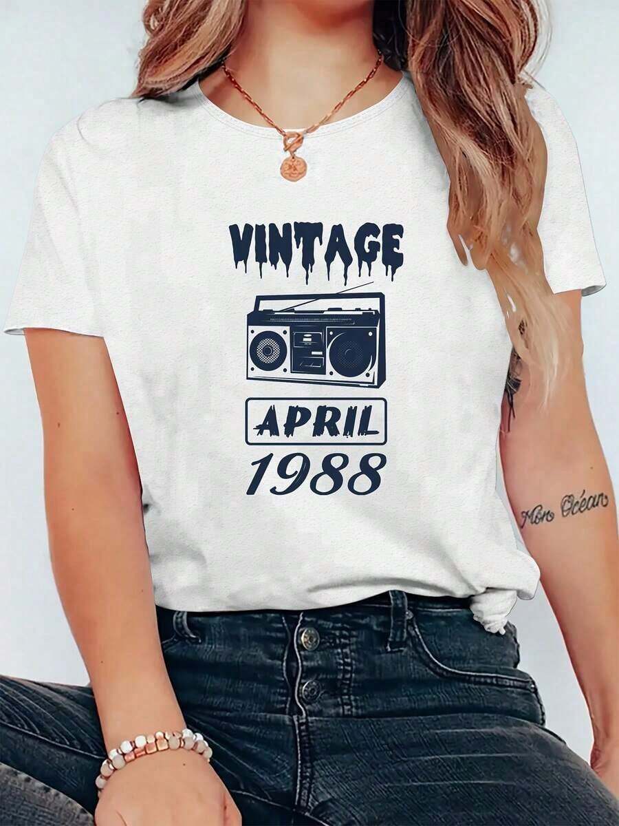 Camiseta de manga corta con estampado de letras en inglés, holgada y cómoda, ropa linda para el hogar y deportes, camiseta para trabajo y fiestas, camiseta estampada, camiseta de verano. - Blanco - Ver 1
