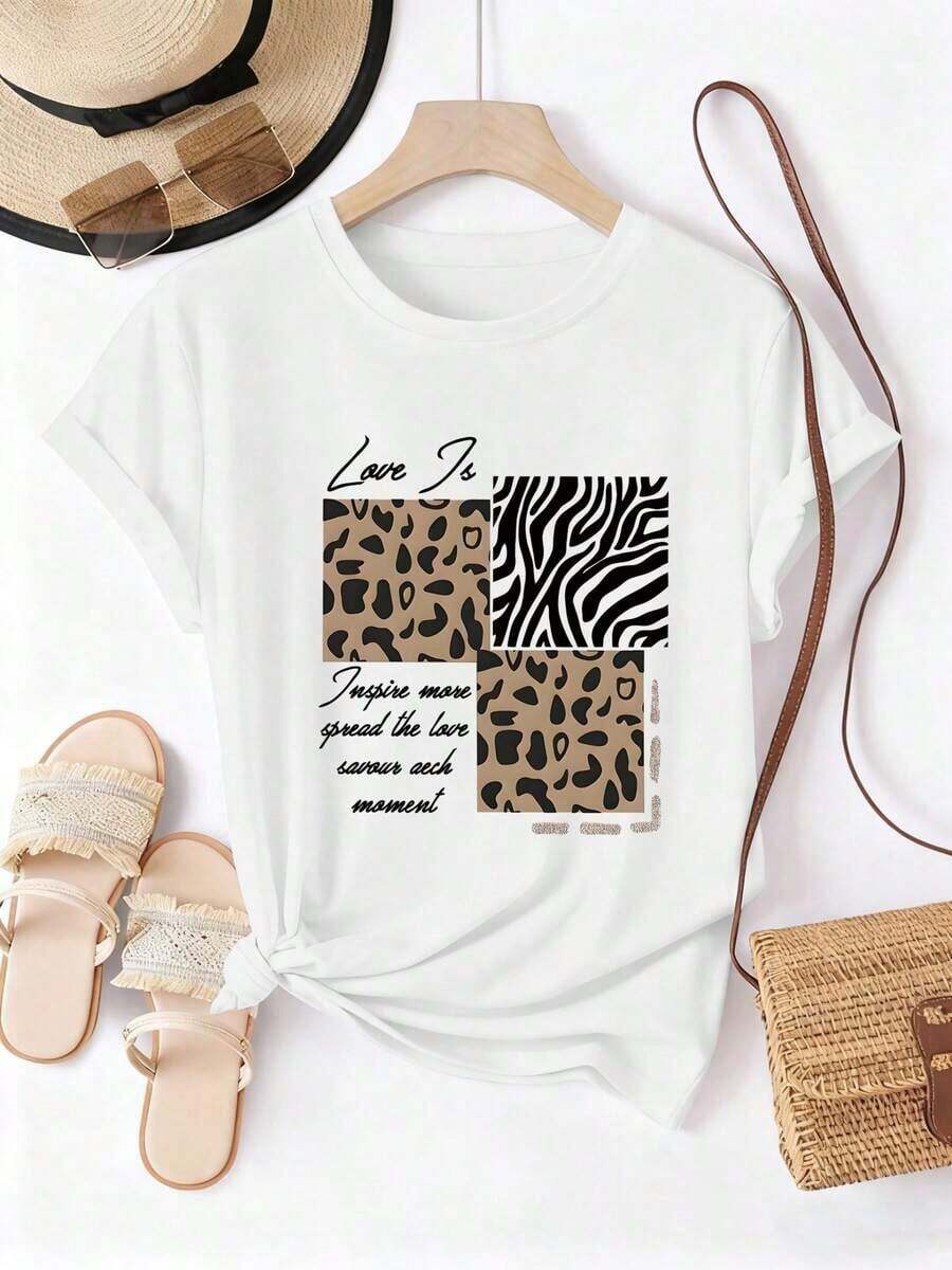 Solt 1pscCamiseta vintage con estampado de leopardo y cebra, manga corta, cuello redondo, estilo casual, adecuada para verano y primavera, ropa de mujer, diseño circular.100%cotton graphic - Blanco - Ver 1