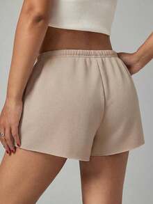 Pantalones cortos casuales sueltos de cintura elástica de unicolor para mujer - Caqui - Ver 2