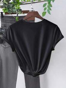 1 Pieza de Camiseta Casual de Moda para Hombres y Mujeres, con Estampado de Letras, Corte Regular, Manga Corta, Cuello Redondo, Versátil, fácil de combinar, adecuada para uso diario, estilo urbano, ropa de vacaciones, ropa de fin de semana. - Negro - Ver 2