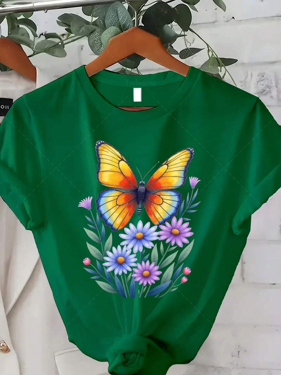 Women's Classic Plus-Size T-Shirt, Colorful Butterfly And Flower Print Tee, Casual Summer Top For Women, Nature-Inspired Design Print Tee, Short-Sleeved Crew Neck Top, Suitable For Summer/Autumn Wear, The Best Gift For Thanksgiving, Christmas, And New Year's. A Hit! - 綠色 - 查看 1