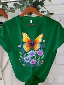 Women's Classic Plus-Size T-Shirt, Colorful Butterfly And Flower Print Tee, Casual Summer Top For Women, Nature-Inspired Design Print Tee, Short-Sleeved Crew Neck Top, Suitable For Summer/Autumn Wear, The Best Gift For Thanksgiving, Christmas, And New Year's. A Hit! - 綠色 - 查看 7