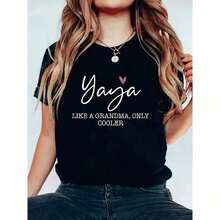 1pscYaya Camiseta Gráfica para Mujer "Like A Grandma Only Cooler" Negra Casual de Manga Corta con Cuello Redondo y Diseño de Corazón, 100% Algodón, Alta Elasticidad, Lavable a Máquina, Versátil para Primavera, Verano y Otoño, Camiseta de Ajuste Relajado para Comodidad Diaria, Tela de Textura Suave, 100% Algodón. - Negro - Ver 2