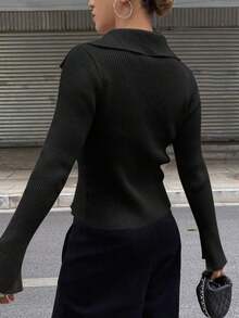 Chaqueta de punto con cremallera de unicolor casual de negocios para mujer - Negro 2 - Ver 2