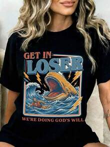 1 Piece "Get In Loser Were Doing Gods Will" T-Shirt With Jonah And The Whale Design, Funny Graphic Tee With Religious Humor For Men, Women, Unisex, Casual Wear, Gift For Christians, 180g, 100% Cotton. - 黑色 - 查看 12