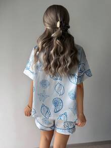 2pcs/Set Summer Blue Shell Pattern Lapel Short Sleeve Top And Shorts Women Pajama Set, Nautical Style, Vacation Style - White - View 6
