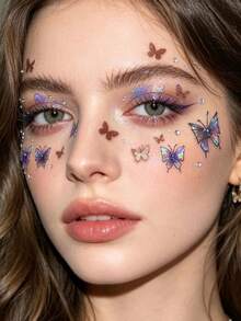 1pc Holographic Brown Butterfly Face Sticker, Transparent Crystal Decor, Waterproof Long-Lasting, Versatile Makeup Accessory For Stage, Music Festival, Photo Shoot - Multicolor - View 2