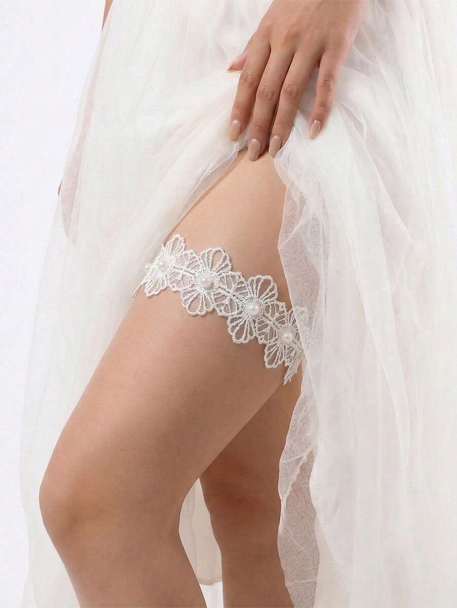 新款蕾丝装饰弹力大腿吊袜带,欧美新娘袜饰,婚纱腿部吊袜带 - 白色 - 查看 1