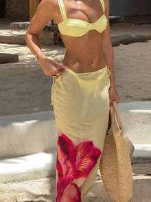 Nuevo conjunto de bikini de 3 piezas elegante y sexy con estampados, llegada de primavera/verano, estilo europeo y americano, para mujeres, estampados aleatorios, para playa, vacaciones, fiestas, citas - Multicolor - Ver 2