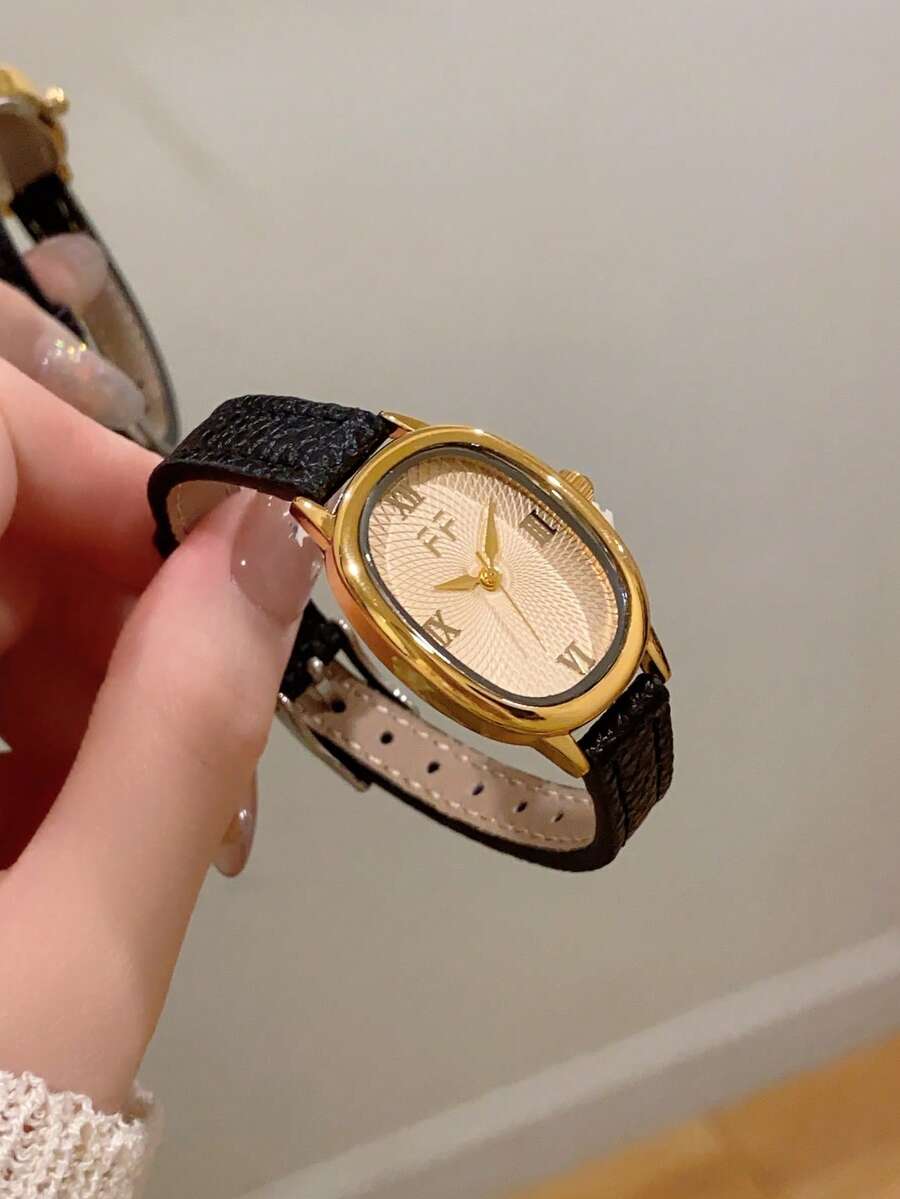1pc Retro Style Adjustable Strap Quartz Women's Watch Elliptical With Roman Numeral Scale For Compact And Perfect For Daily - Black - View 1