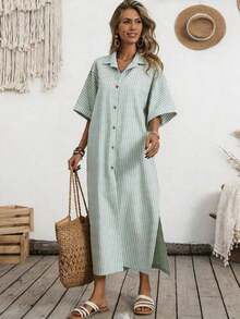 Holidaya Vestido casual de verano de algodón y lino con botones delanteros a rayas para mujer - Verde - Ver 2