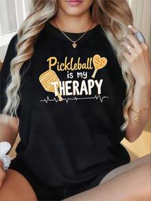 Camiseta con estampado de letras Pickleball mi TERAPIA |   Top casual de manga corta y cuello redondo para primavera/verano, ropa de mujer - Negro - Ver 1