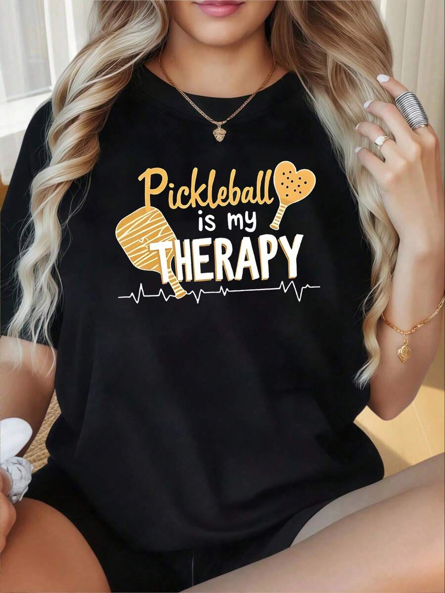 Camiseta con estampado de letras Pickleball mi TERAPIA | Top casual de manga corta y cuello redondo para primavera/verano, ropa de mujer - Negro - Ver 1