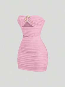 Vestido corto ceñido y sin tirantes para mujer con hebilla metálica - Rosa 2 - Ver 8