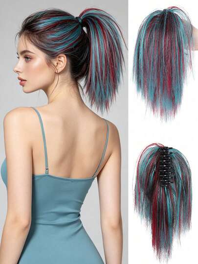 12-Inch Synthetic Claw Clip Ponytail Extension Purple /Blue Short Fountain Ponytail Hair Piece For Women's