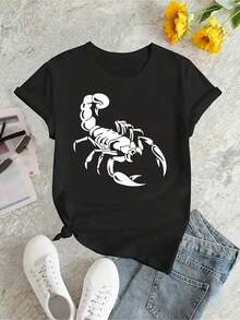 Camiseta Deportiva Casual para Mujer, Cuello Redondo, Manga Corta, Estampado de Escorpión de Dibujos Animados, Top Cómodo de Verano para Vacaciones - Camiseta Unisex de Algodón de Estilo Vintage y Corte Holgado - Negro - Ver 6