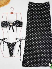 Elegant And Sensual Polka Dot Three-Piece Bikini Set For Women - Black - View 2