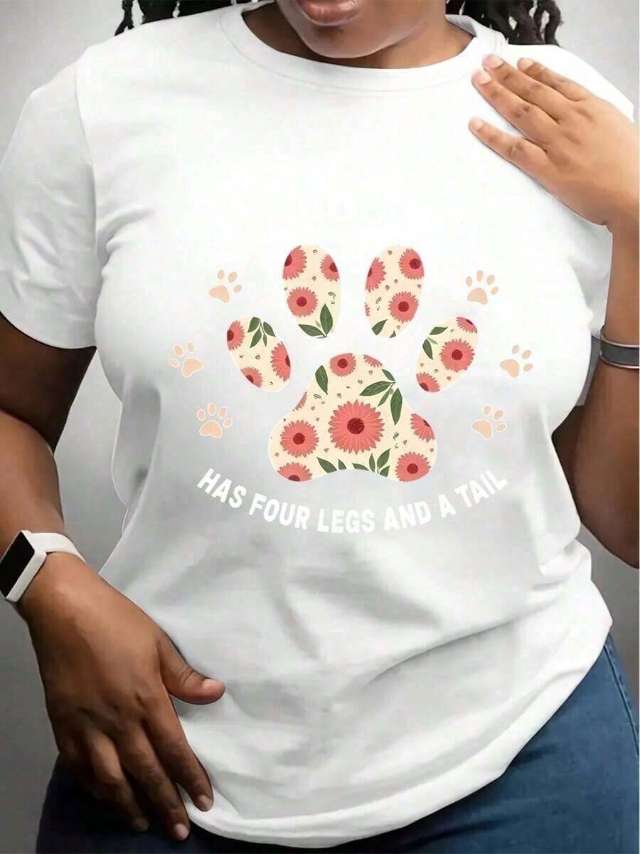 Camisa Casual Premium para Mujer, Blanca con Estampado Floral de Huellas de Mascotas, con Cuatro Patas y Cola, para Amantes de Mascotas y Dueños de Perros, Uso Diario, Cuello Redondo, Corte Holgado, Ecológica - Blanco - Ver 1