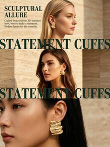 304 Stainless Steel Textured Wavy Stud Earrings, Hypoallergenic Pleated Design Exaggerated Earrings, Fashionable Layered Daily Wear Jewelry - Multicolor - View 2