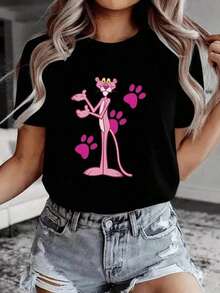 Women's Simple Loose Fit T-Shirt, Modern Style, 1 Piece. Women's T-Shirt, Urban Style, Creative  Print, Footprints, Soft Fabric, Solid Color, Loose Fit, Round Neck, Short Sleeve, Spring/Summer, Everyday Wear. T-Shirts. Cozy Soft Simple Everyday Wear Short Sleeve Top - 黑色 - 查看 5