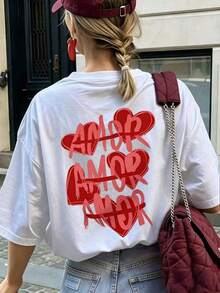 Playera Casual Oversize Mujer con Diseño "Amor Corazones Rojos" - Estilo Romántico y Femenino BASQ - Blanco - Ver 2
