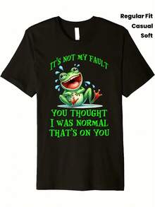 Camiseta drtida negrara hombre con gráfico de rana verde - Presenta rana riendo con la boca abierta, gotas azules y texto en negrita 'NO ES MI CULPA' y 'PIENSAS QUE SOY NORMAL, ESO ES CULPA TUYA' Camiseta casual ligera de manga cortara mujer de talla F regular para uso diario (uste - Negro - Ver 2