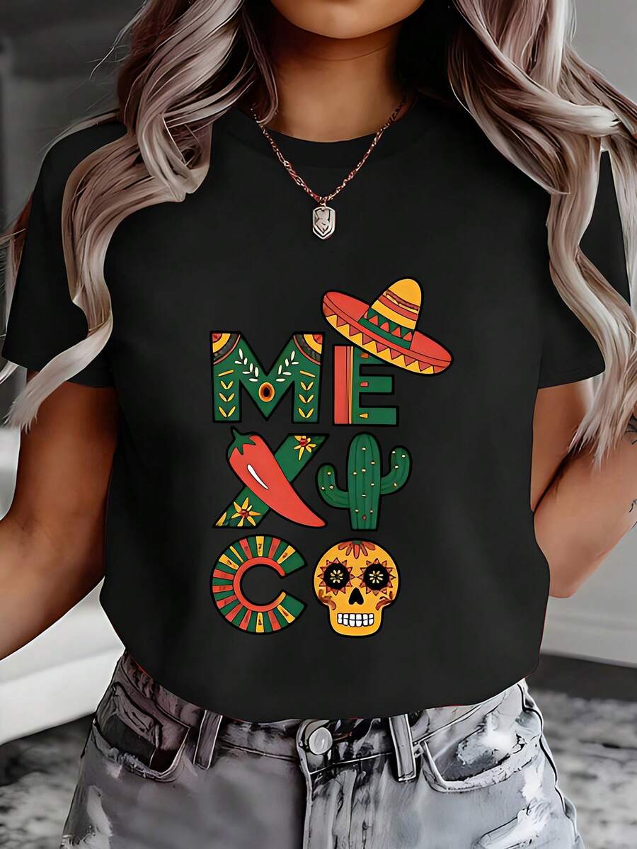 Women's Mexican Themed T-Shirt: Chili Pepper, Cactus, Skull And Sombrero Print - Short Sleeve, Casual Mexican Culture Clothing, Ideal For Everyday Looks And Themed Events 11743 - 黑色 - 查看 1