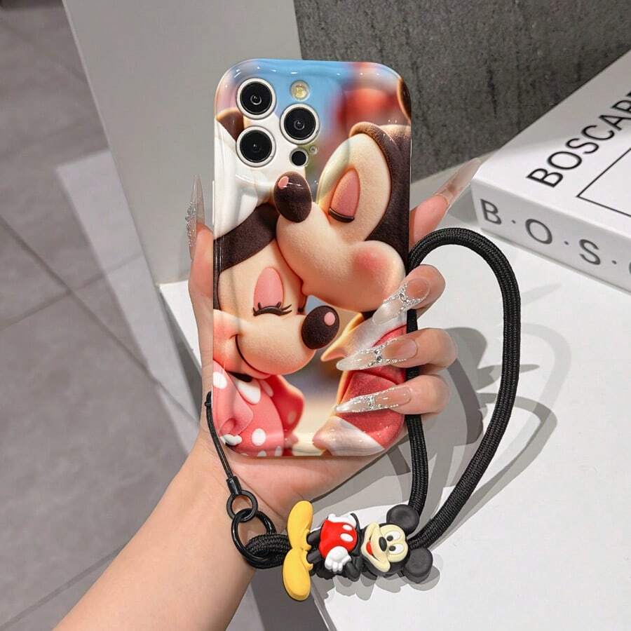 Disney Mickey & Minnie Mouse Phone Case With Mickey And Minnie Charm And Lanyard - Cute Mickey And Minnie Protective Case With Romantic Kiss Pose And Soft Focus Background Design, Equipped With Delicate Mickey And Minnie Decorative Lanyard And Beaded Bracelet For Easy Carrying, Compatible With IPhone 17, 16, 15, 14, 13, 12, 11 Pro Series, Ideal For Birthdays, Holidays, Anniversaries, Graduation Gifts, Or Any Special Occasion To Surprise Family, Friends, Classmates, And Loved Ones. - 白色 - 查看 1