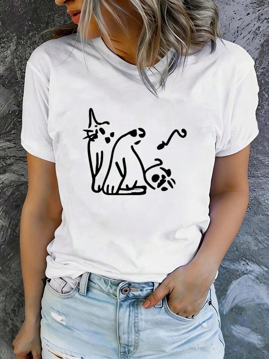Women's Graphic Print Short-Sleeve T-Shirt. Modern And Casual Women's Printed Short-Sleeve T-Shirts, Machine Washable, Comfortable Fit. Soft And Comfortable Short-Sleeve Top For Everyday Wear. - 白色 - 查看 1