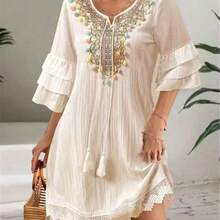 Ladies' Embroidered V-Neck Dress With Colorful Tassel Detail, Ruffled 1/3 Sleeve, Tassel Decor Beach Holiday Dress Elegant Summer - Albaricoque - Ver 2