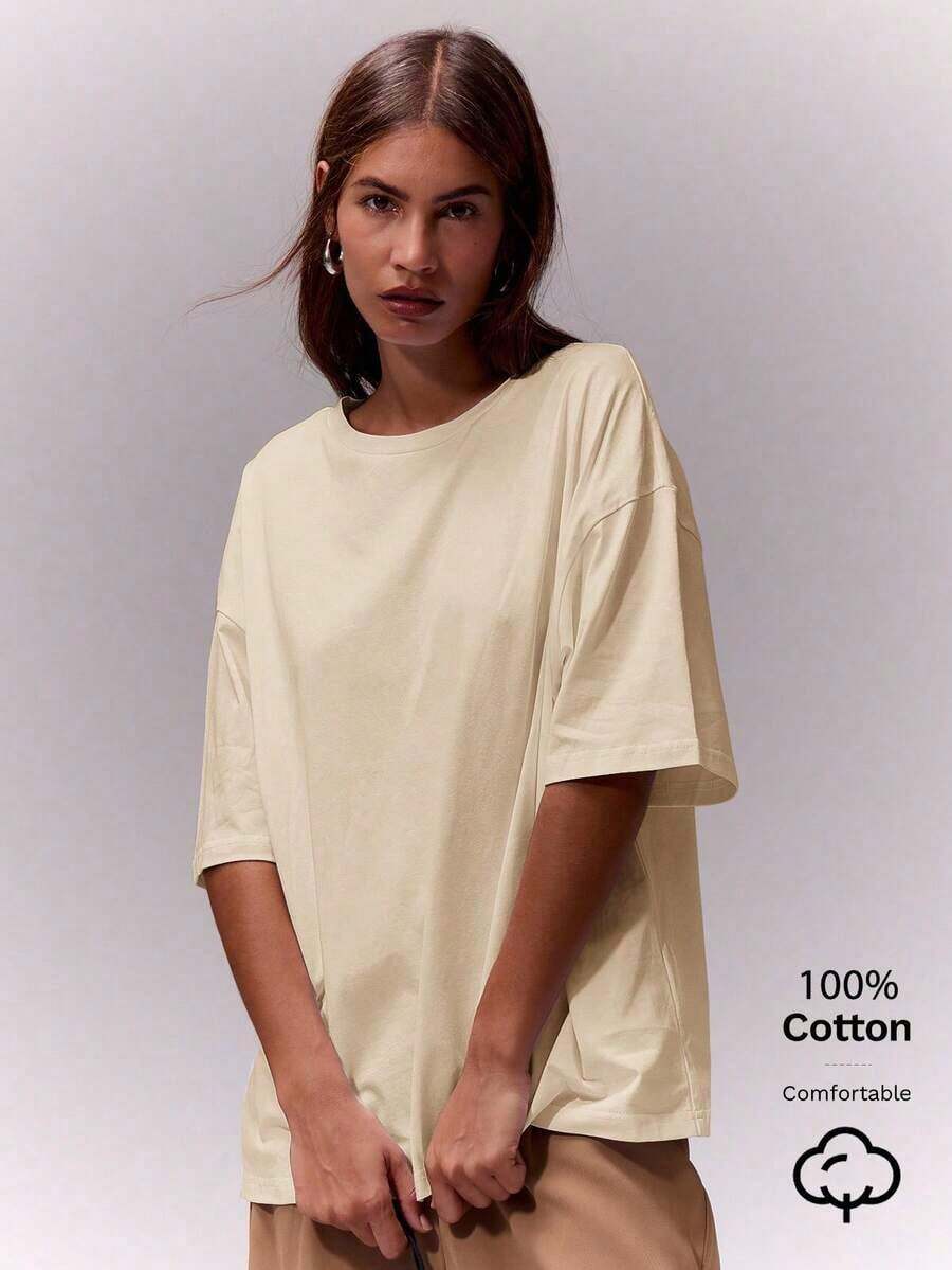Camiseta de cuello redondo suave y oversize, parte de un armario cápsula casual, camiseta oversize para uso diario, aeropuerto, vuelta al colegio, elegante para primavera y verano, vacaciones - Amarillo - Ver 1