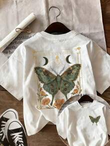 Women's Reversible Round-Neck T-Shirt With Green Butterfly Print, Casual, Sporty, Short-Sleeved, Spring-Summer - White - View 1